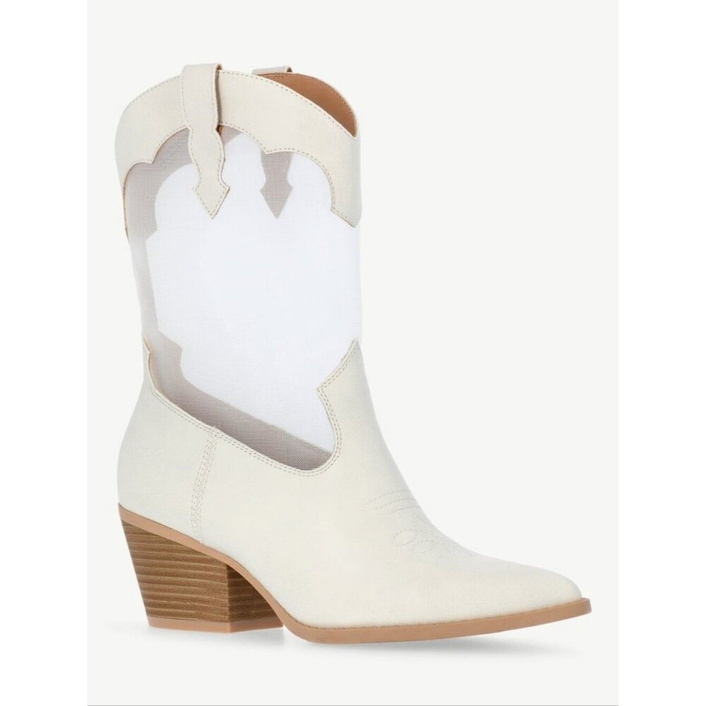 No Boundaries Sheer Mesh Western Boots Mid-Calf Block Heel Cream/Tan Women's 8